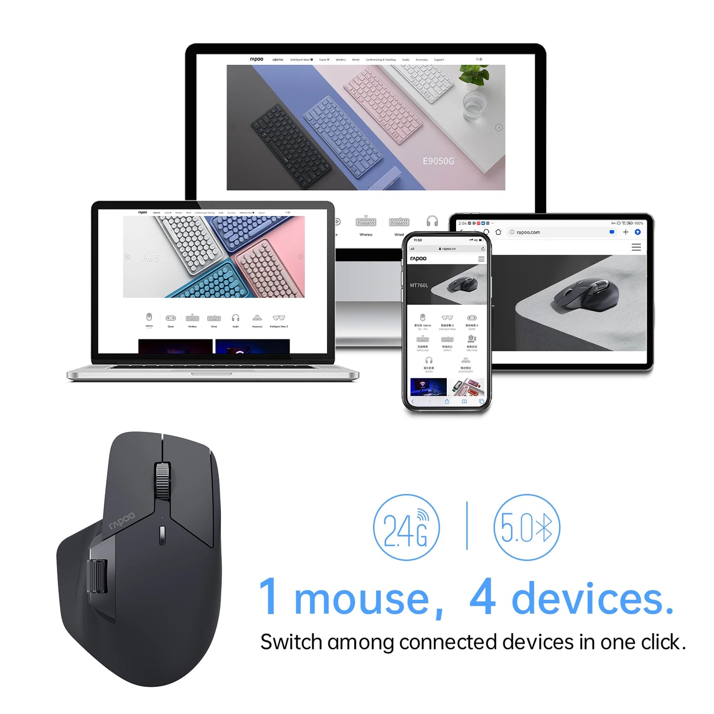 Mouse wireless ricaricabile multimodale Rapoo MT760L/MT760M ergonomico 4000 DPI, supporta fino a 4 dispositivi, mouse Bluetooth