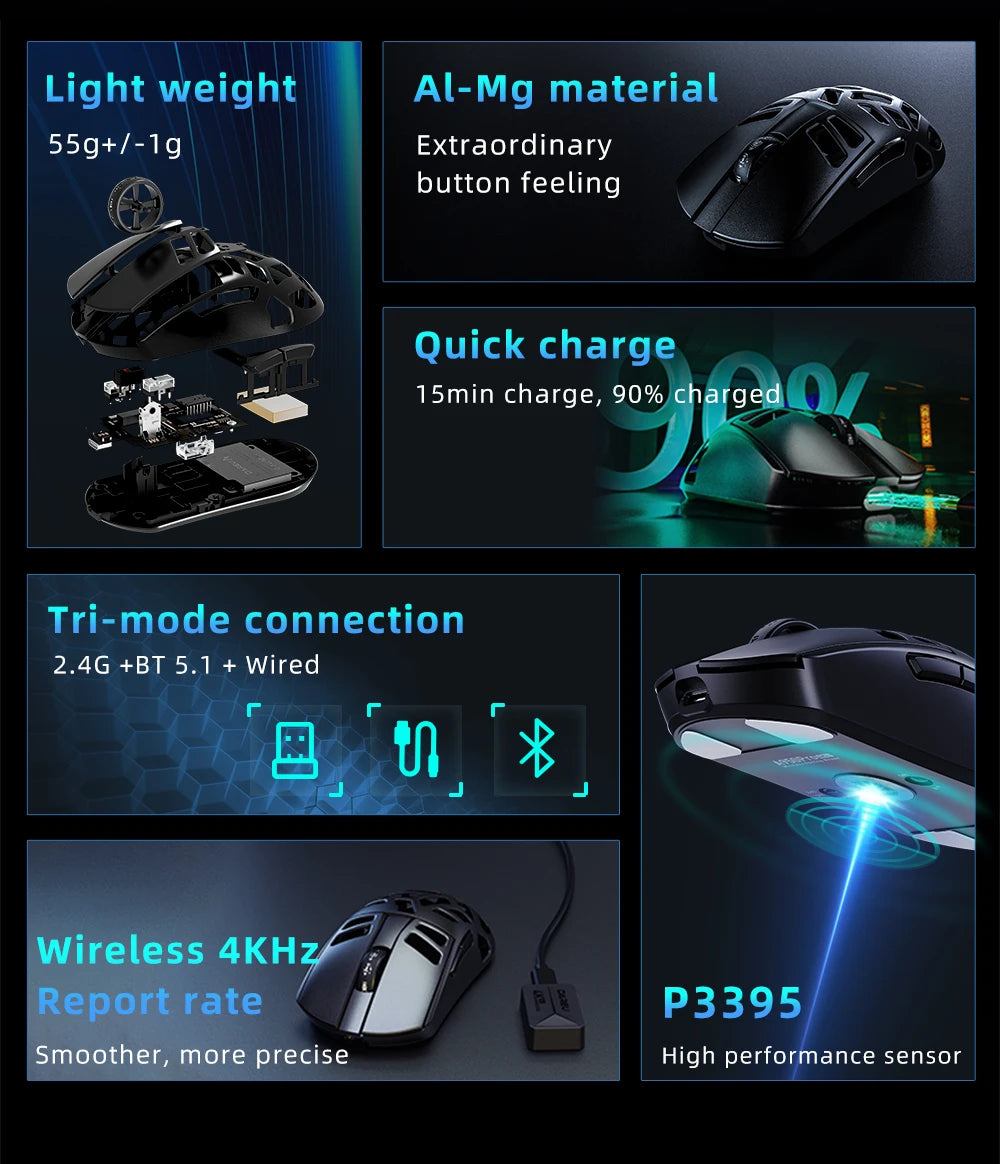 DAREU Al-mg Tri-Mode 8Khz PBT kabellose Gaming-Maus mit Schnellladefunktion PAW3950 30000 DPI, leicht, für PC-Gamer