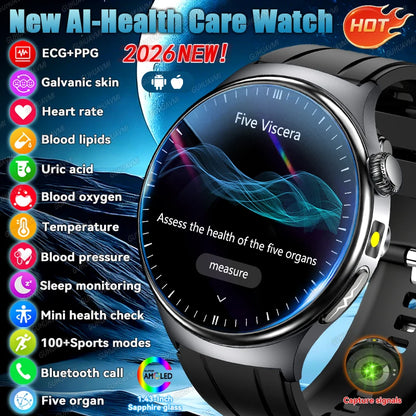 2026 AI Health Smartwatch ECG + PPG, Blood Pressure, Uric Acid & Body Fat Monitoring, AMOLED Display & Bluetooth Calling