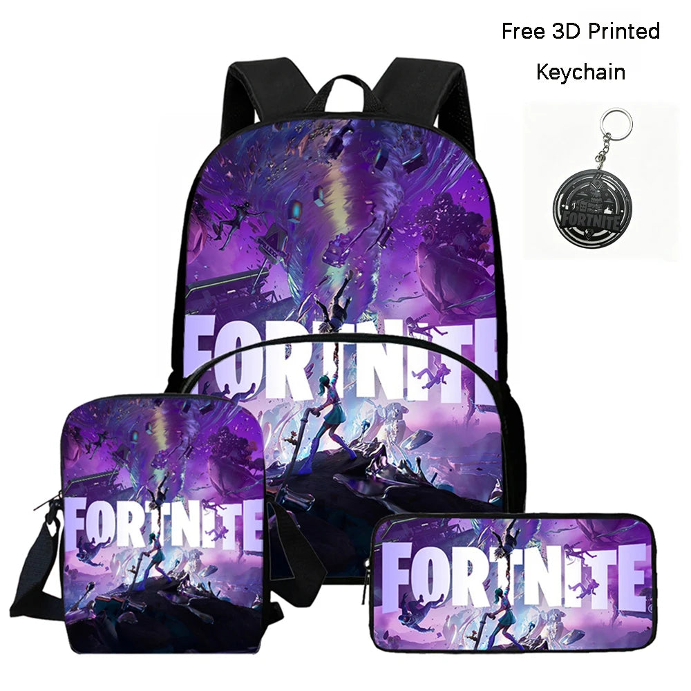 FORTNITE 3-teiliges Schulrucksack-Set, Umhängetasche mit Fronttasche und Federmäppchen, für Jungen und Mädchen von 5–10 Jahren, leicht, mit kostenlosem 3D-bedrucktem Schlüsselanhänger