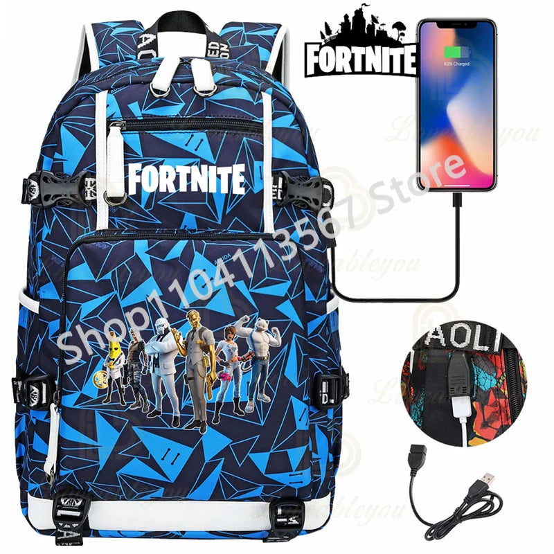 Ultima Knight F-Fortnited Battle Royale Rucksack mit USB-Ladeanschluss, Anime-Figuren und Studienfach für Schreibwaren für Schüler