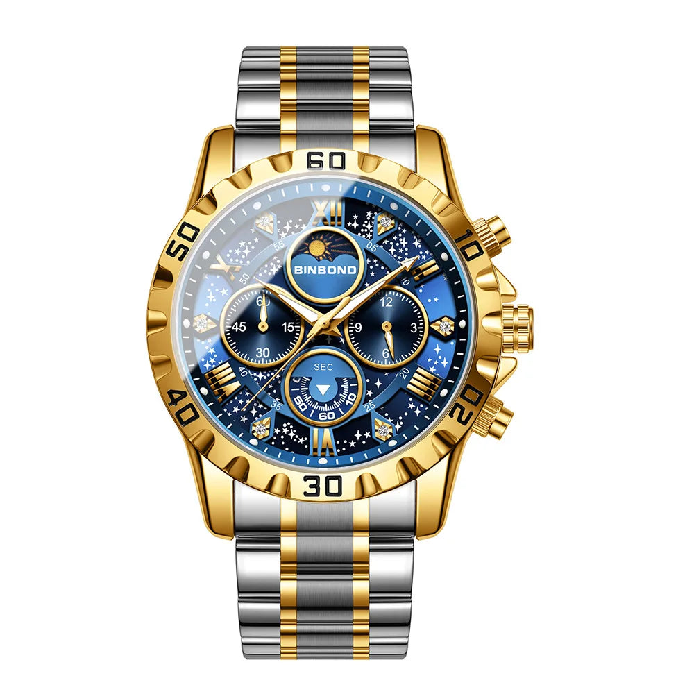 2026 Men Watch Light Luxury Business Steel Belt Moonphase Starry Night Light Waterproof Men's Fashion Quartz Clock Watches Gift