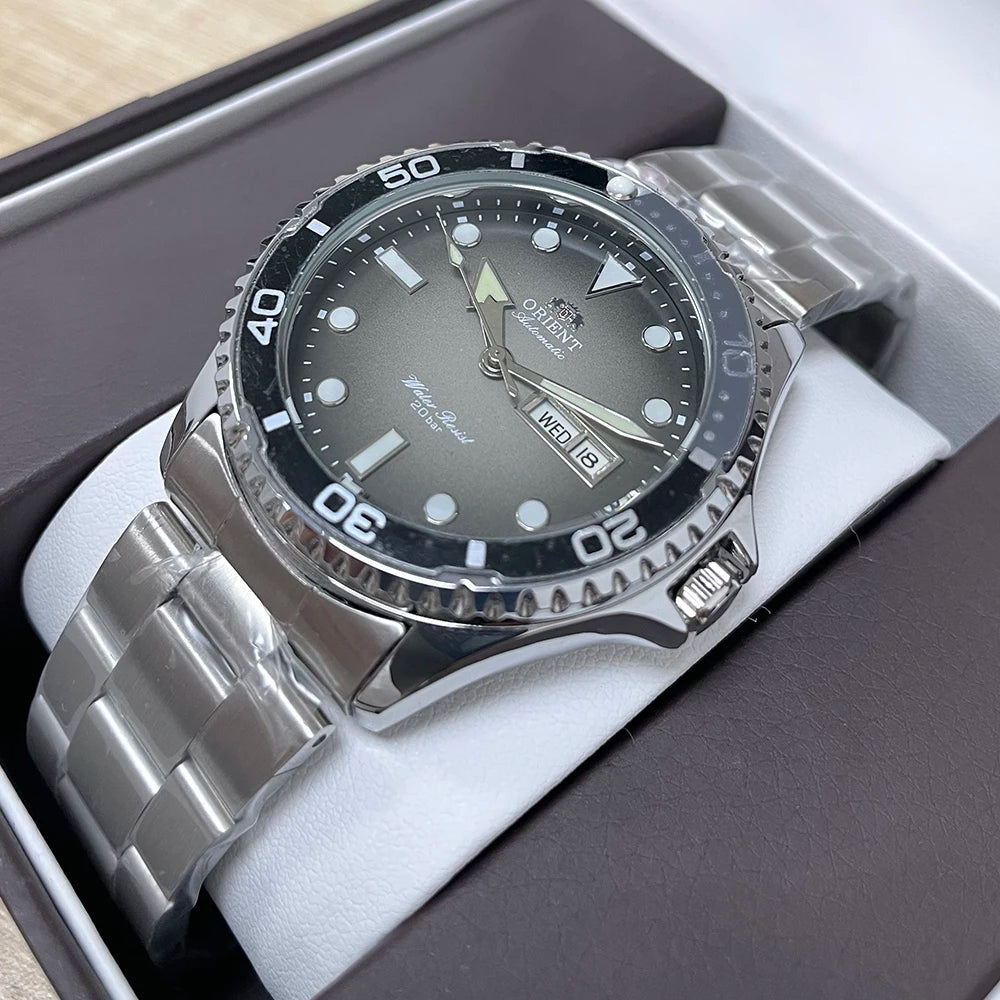Orient Men's 200M Waterproof Automatic Dive Watch Dial Stainless Steel Bracelet Day Date Self-Winding Luminous Wristwatch