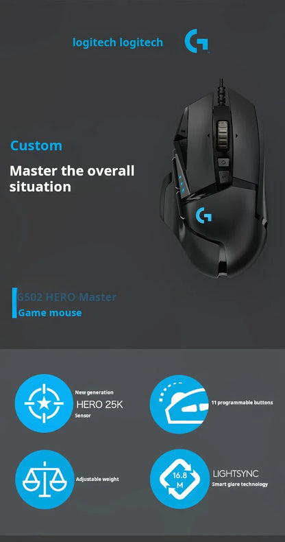 Rato gaming com cabo Logitech G502 HERO para e-sports, rato mecânico RGB com peso ajustável e macro programável para battle royale