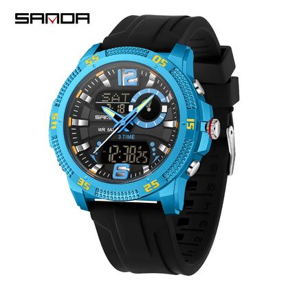 SANDA Fashion Luxury Men's Watches Dual Digital Display Sport Analog Quartz Man Wristwatch Casual Waterproof Silica Chronograph