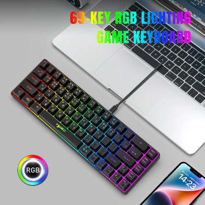 Teclado gaming coreano portátil HXSJ V200 de 68 teclas, 65%, com retroiluminação RGB, com fios, de membrana, para escritório, PC de secretária e computadores portáteis