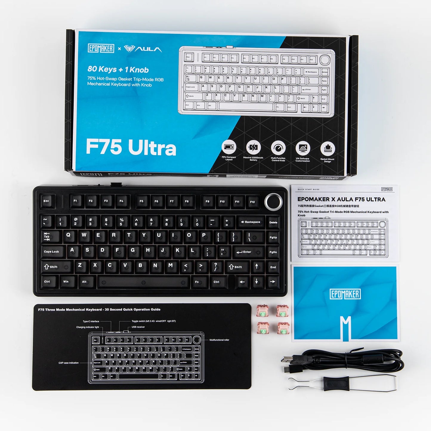 Tastiera meccanica EPOMAKER x AULA F75 Ultra VIA programmabile 75% layout ANSI US QWERTY, gasket, cablata/Bluetooth/wireless 2.4Ghz