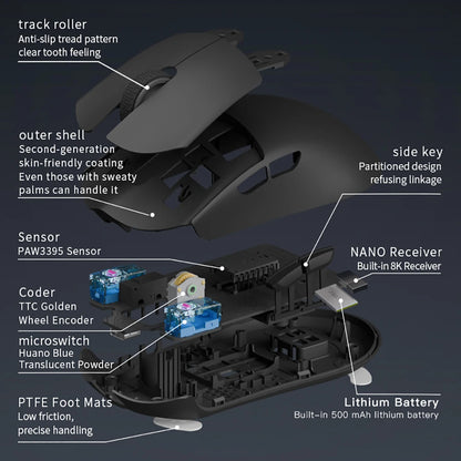 Mouse de gaming Darmoshark M3 V2 Double 8K, wireless, tri-mode, 26K DPI, senzor PAW3395, mouse macro pentru gaming, pentru mâini mari, computer, laptop și PC