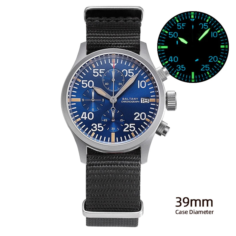 Baltany Quartz Chronograph S5045 Sunburst Blue Dial VK67 100M Stainless Steel Calendar Window Sapphire Vintage Military Watches