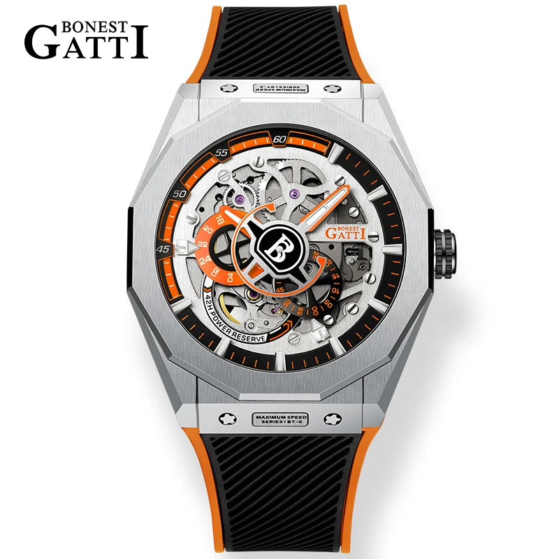 BONEST GATTI BG7601 Men Automatic Mechanical Watch Sapphire Crystal Waterproof Luminous Rubber Strap Wristwatch