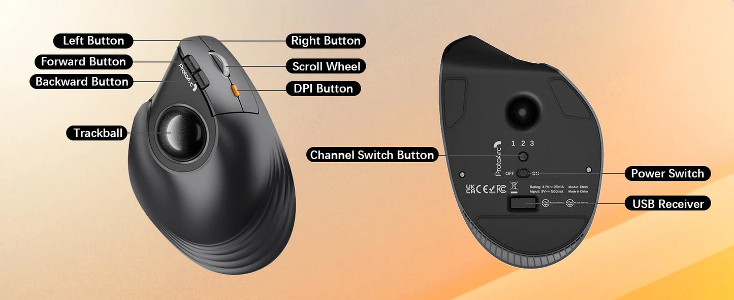 ProtoArc EM05NL Ratón trackball inalámbrico recargable Bluetooth ergonómico vertical con bola para ordenador, iPad, Mac y Windows