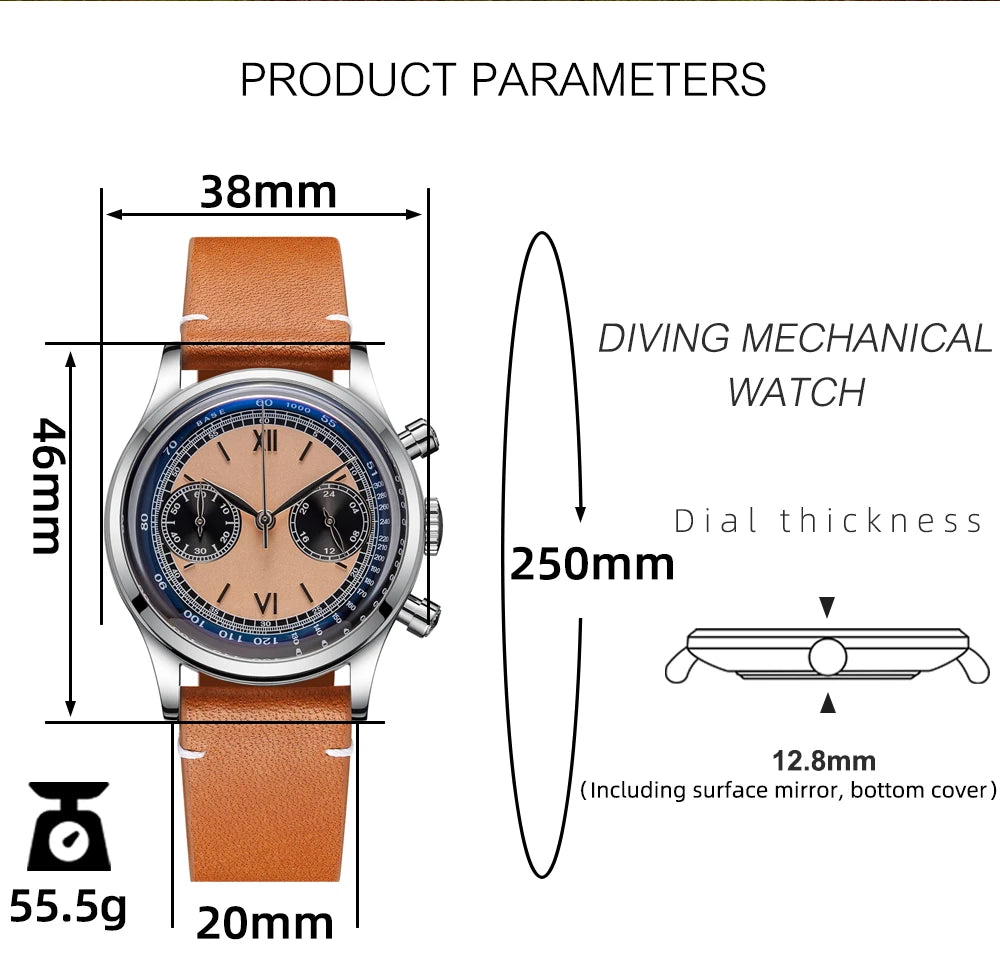 ADDIESDIVE AD2037 Men Quartz Watch Multifunctional 24 Hour Chronograph Black Dial Leather Watches  100m Dive Business Wristwatch