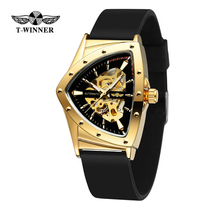 WINNER High Quality Watch for Men Triangle Steel Skeleton Mechanical Automatic Movement Clockwork Waterproof Rubber strap Wrist