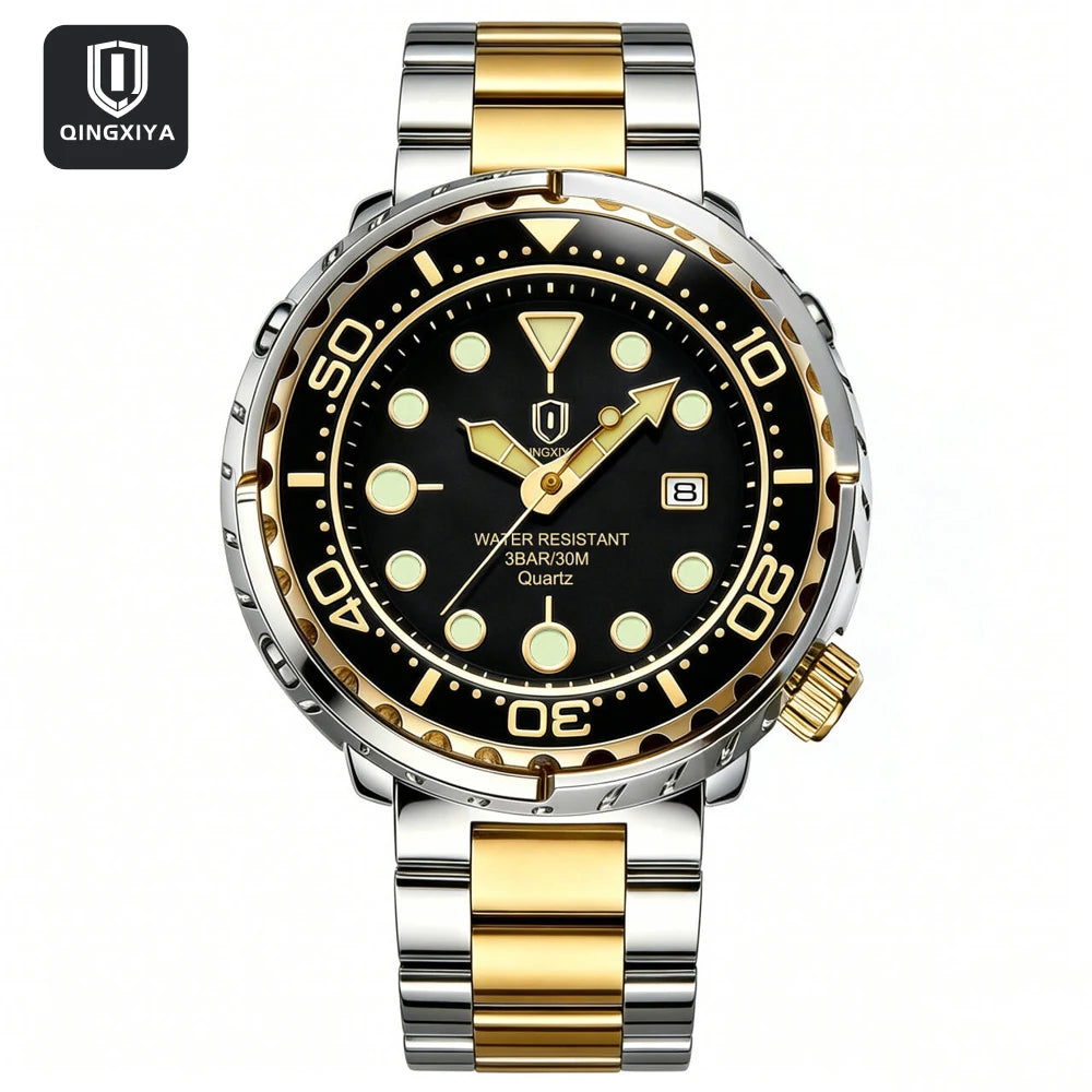 QINGXIYA Mens Watches Fashion Waterproof Luminous Date Rotating Dial High Quality Stainless Steel Luxury Brand Men Quartz Watch