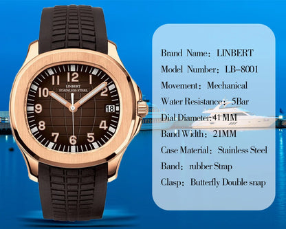 LINBERT2025 Rose Gold Fully Automatic Mechanical Men's Watch Genuine Luxury Brand Luminous Steel Waterproof Silicone Strap Watch