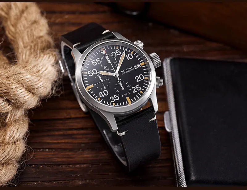 Baltany Quartz Chronograph S5045 Sunburst Blue Dial VK67 100M Stainless Steel Calendar Window Sapphire Vintage Military Watches