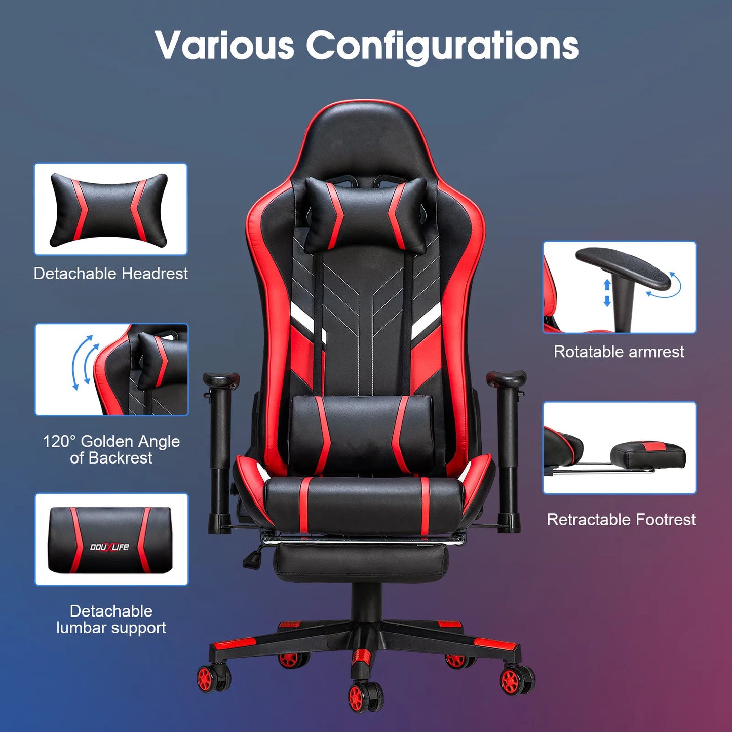 GC-RC03 Massage Gaming Chair Ergonomic Office Chair with Footrest, 7-Point Vibration Massage, Adjustable Height, Reclining Lumbar Support Seat