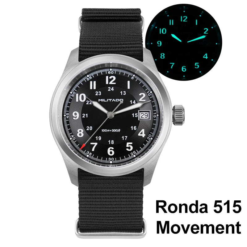 Militado ML08 Quartz Watch VH31/Ronda 515 Quartz Movement Vintage Watch Double Domed Sapphire Crystal BGW9 Luminous Men's Watch
