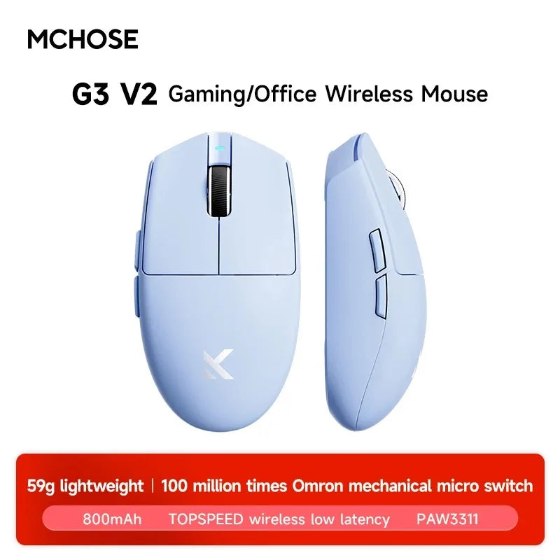 Rato sem fios eSports MCHOSE G3 V2 Pro leve, três modos, Bluetooth, PAW3395 de alto desempenho, 800mAh, gaming e escritório, 59g