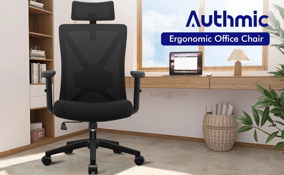 AUTHMIC Ergonomic Office Chair Mesh Back, 5D Lumbar Support, Reclining 90–135°, Adjustable Armrest & Headrest for Home Office