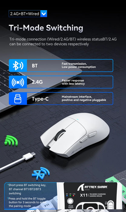 Attack Shark X11&R1 třirežimová bezdrátová Bluetooth myš s nabíjecí základnou, RGB, ergonomická, lehká myš, příslušenství pro PC hráče