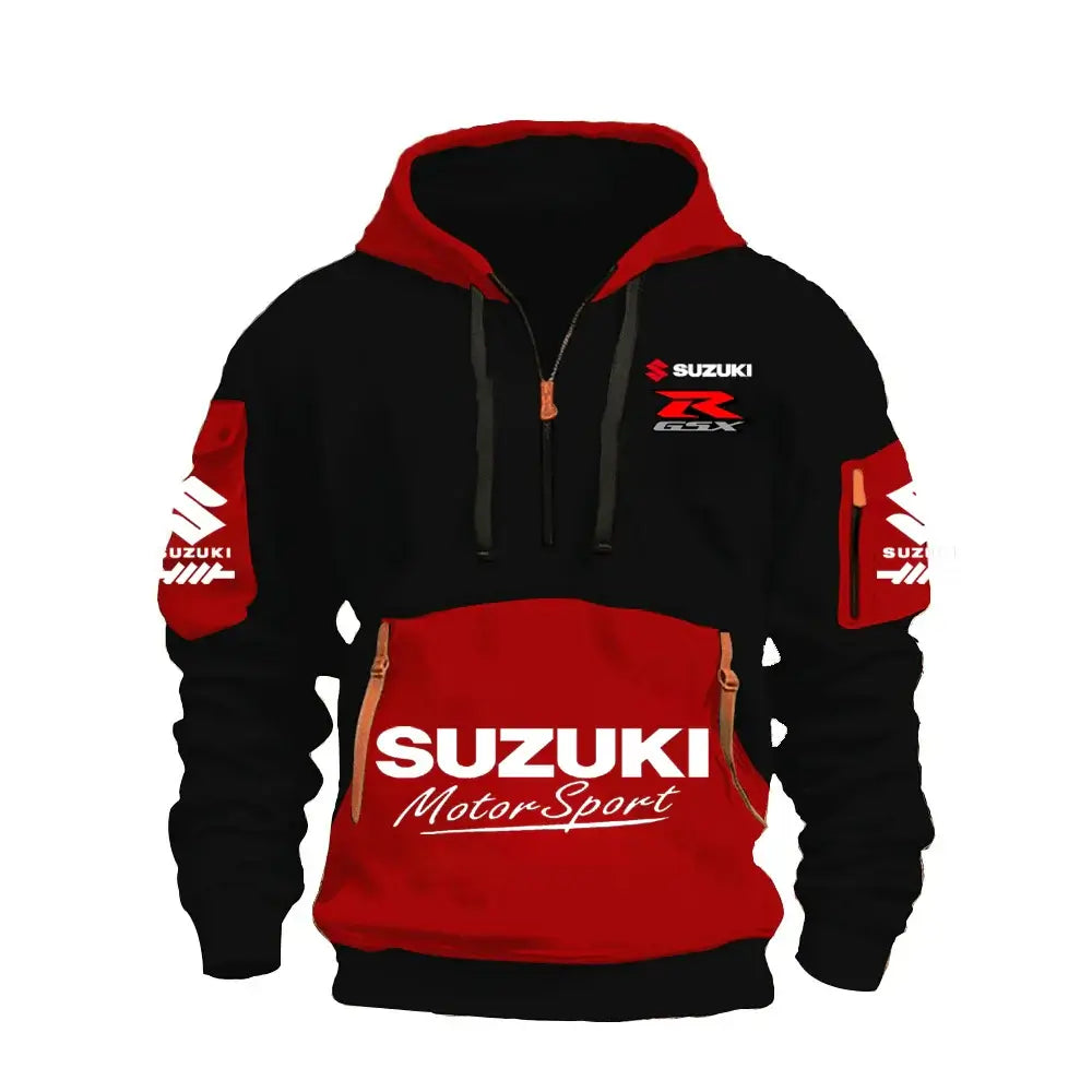 Produit gaming premium Fraquane, produits de luxe, nouvelle génération, équipement gamer : 2025 Suzuki Logo Hoodie Motorcycle Racing Cycling Sweatshirt Racing Clothing Sweatshirt Half Zipper Multi-pocket Zipper Hoodie