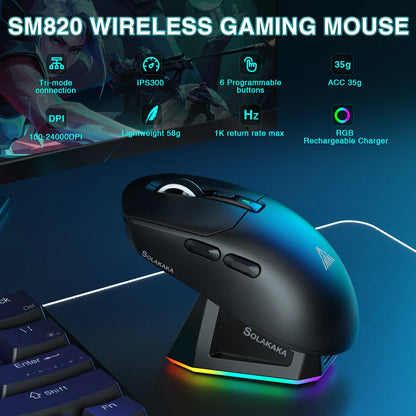 SOLAKAKA SM820 Tri-Mode Wireless Gaming Mouse with RGB Charging Dock, PAW3311 Sensor, 26000 DPI, Ultra-Light Rechargeable Wireless Gaming Mouse