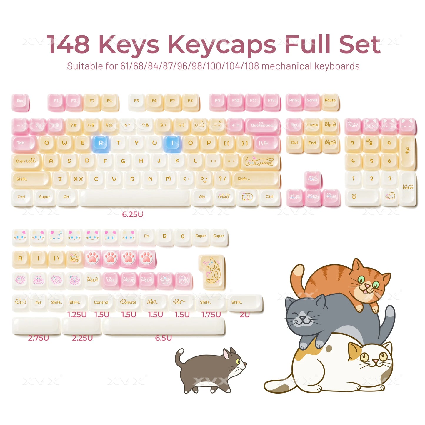 XVX 148 Keys Cat Theme Keycaps MAO Profile Key Cap Korean Glossy Cute Keycap for Keyboard 61 64 68 78 87 96 98 104 108