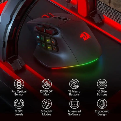 Redragon M811 Aatrox MMO igralna miška, žična RGB gamerska miška s 15 programabilnimi gumbi in ergonomsko naravno zasnovo oprijema