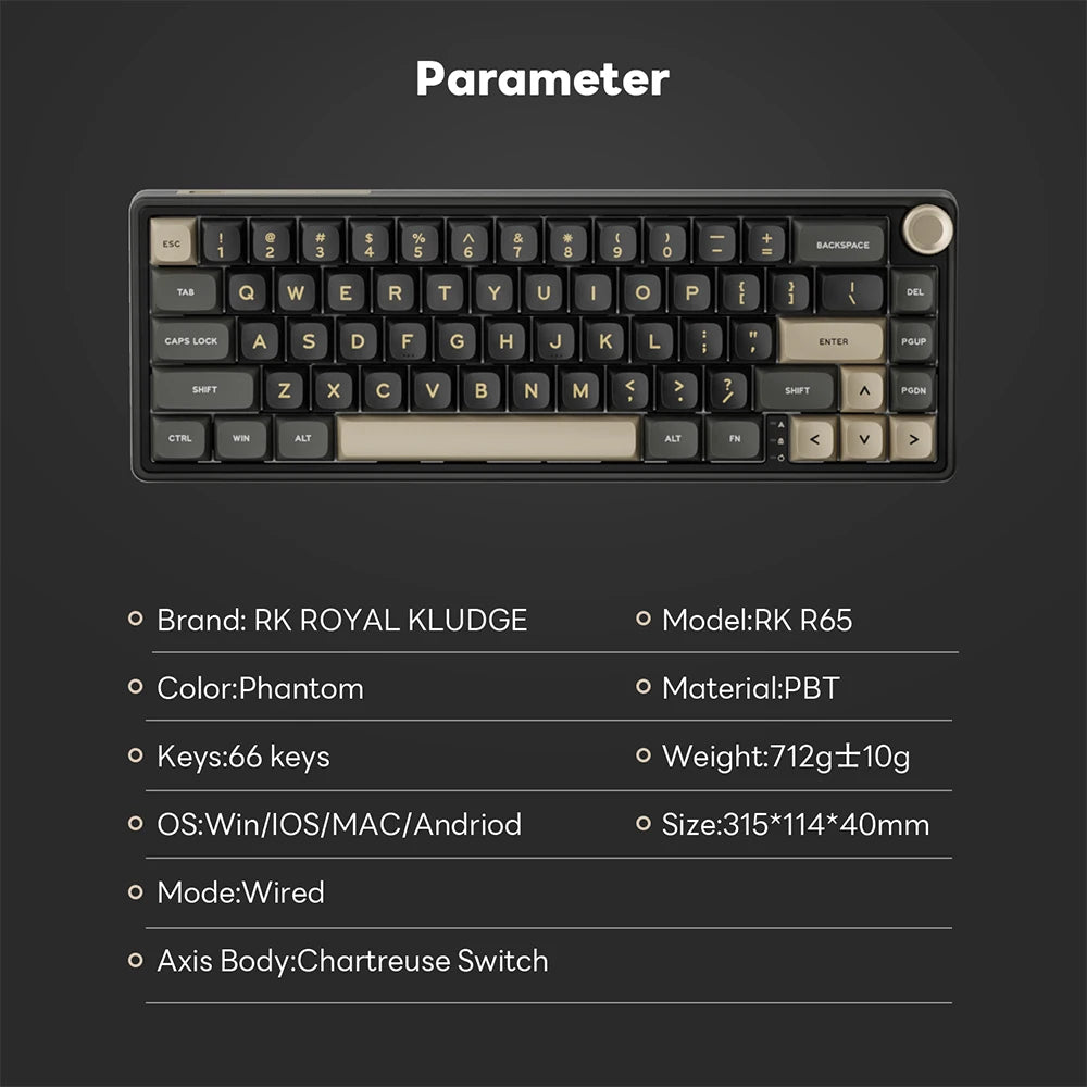 RK Royal Kludge R65 Gasket Wired Mechanical Keyboard 66 Key 65% RGB Backlit Hot-swappable Gamer Keyboard with MDA PBT Keycaps