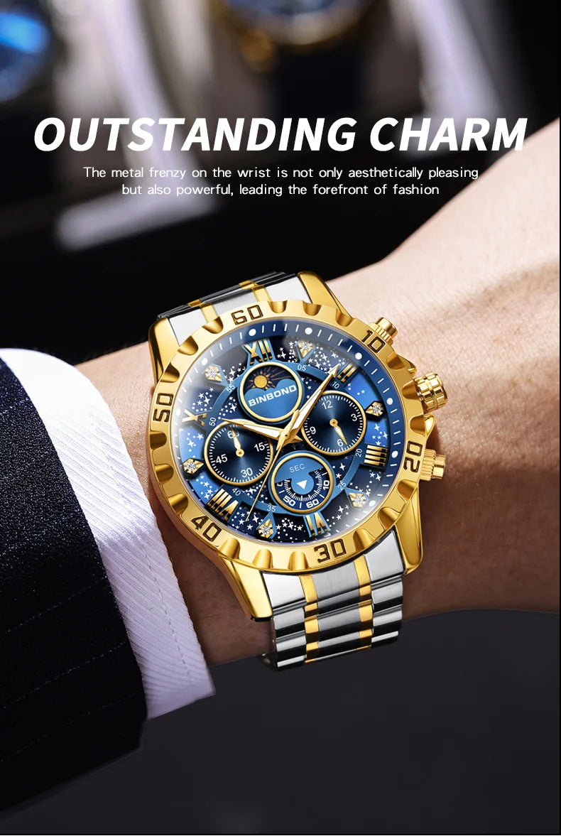 2026 Men Watch Light Luxury Business Steel Belt Moonphase Starry Night Light Waterproof Men's Fashion Quartz Clock Watches Gift