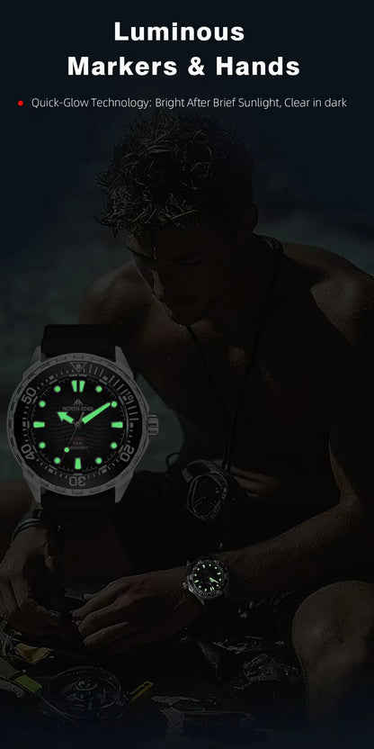 Stainless Steel Diving Watch Solar Energy Driven Quartz Watch Outdoor Waterproof Long Battery Life Rotatable Chronograph Ring