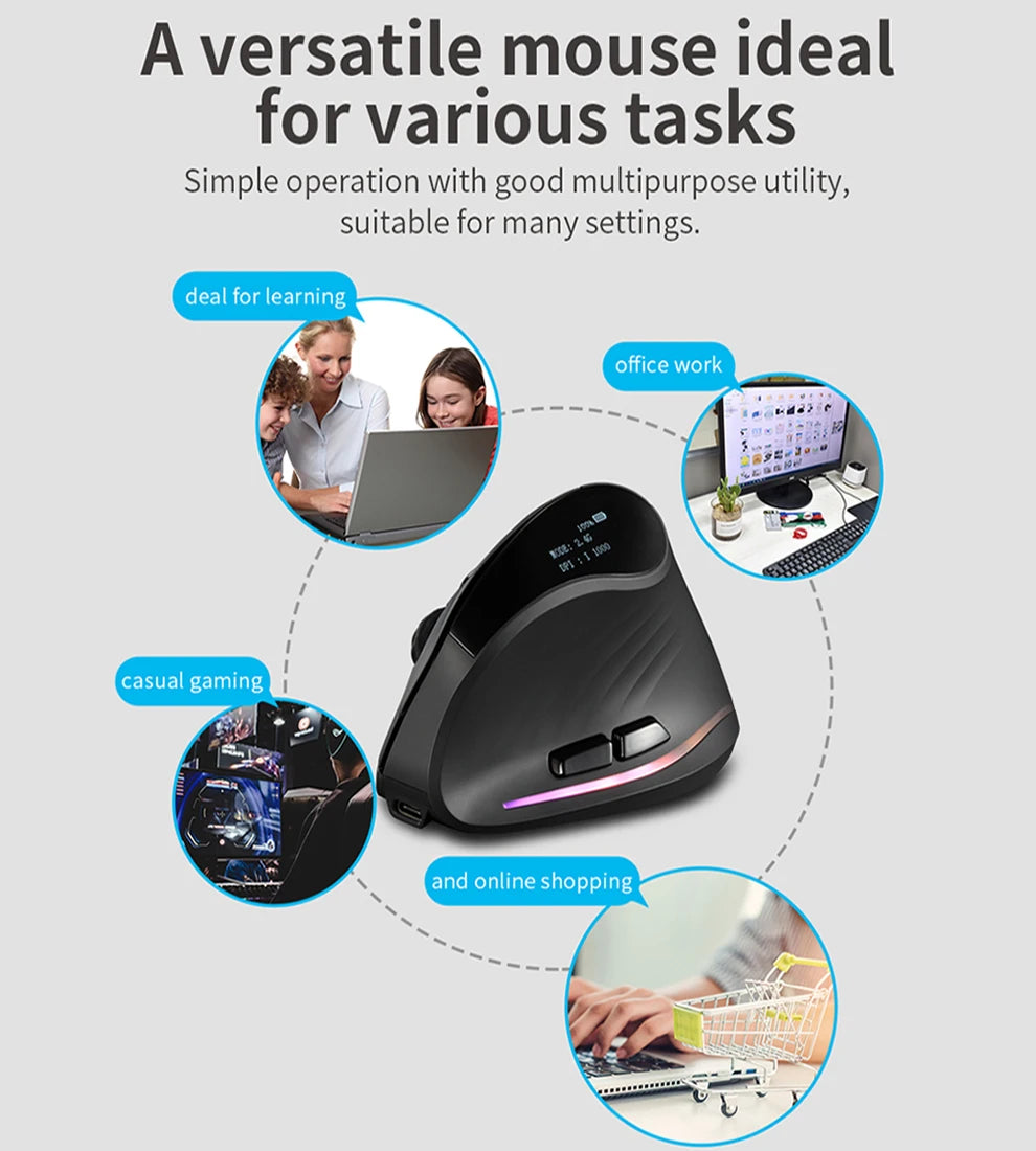Rato vertical sem fios recarregável com ecrã — rato ergonómico gaming programável de 6 botões para jogador em desktop