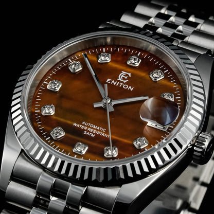 Eniton 36mm Men's Mechanical Watch Stainless Steel Peacock Stone Tiger Eye Dial NH35 Movement