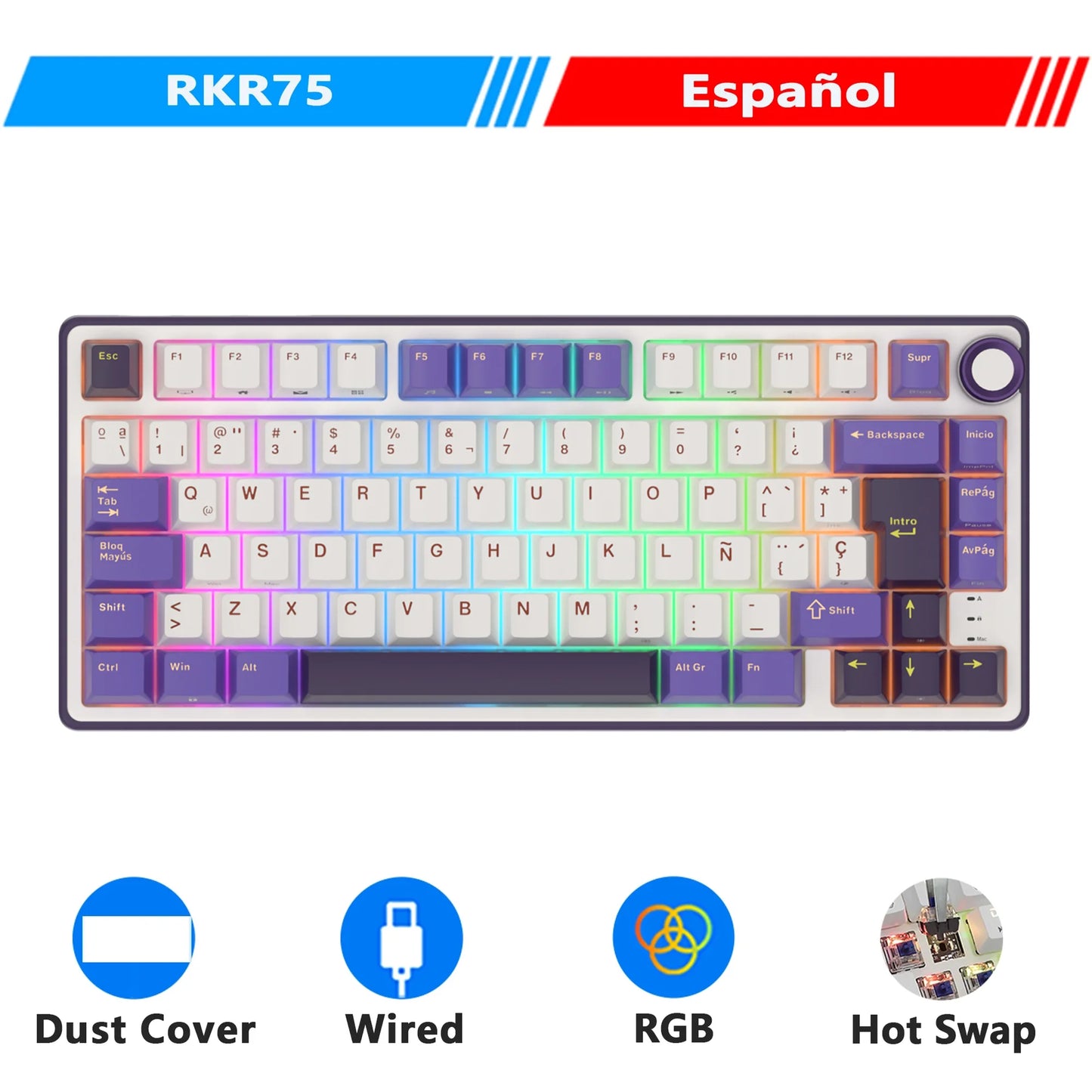 RK Royal Kludge R75 Gasket Wired Mechanical Keyboard 80 Keys RGB Backlit Hot-Swappable Spanish Gamer Keyboard MDA PBT Keycaps