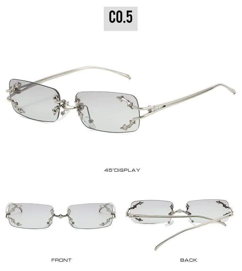 Y2K Rimless Square Star Sunglasses for Women Fashion Vintage Silver Hip Hop Driving UV400 Eyewear Alloy Frame Outdoor Men Punk
