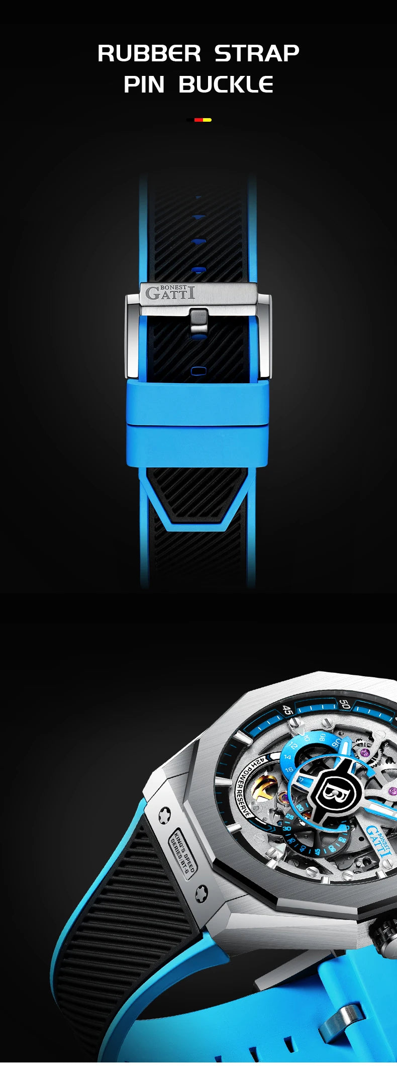 BONEST GATTI BG7601 Men Automatic Mechanical Watch Sapphire Crystal Waterproof Luminous Rubber Strap Wristwatch