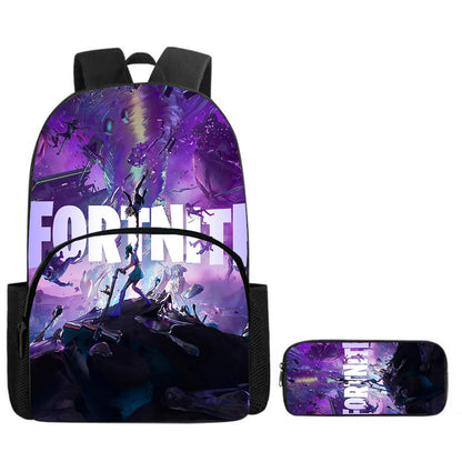 Fortnite Cartoon 2-Piece Set Backpack with Front Pocket Pencil Case Unisex Large Capacity School Bag Ages 5-8