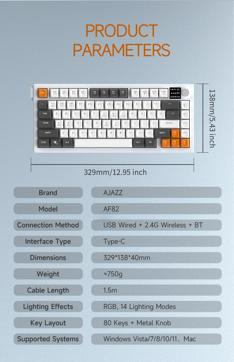 AJAZZ AF82 Office Low Profile Tastatur RGB kabelgebundene/kabellose Gaming-Tastatur 75% Layout 82 Tasten 4000mAh Akku für Win/Mac