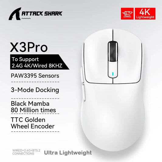 Mouse gaming wireless ATTACK SHARK X3/X3PRO 4K/8K, 26K DPI, tri-mod (cu fir/2.4GHz/BT5.2), ușor, senzor PAW3395 pentru gameri