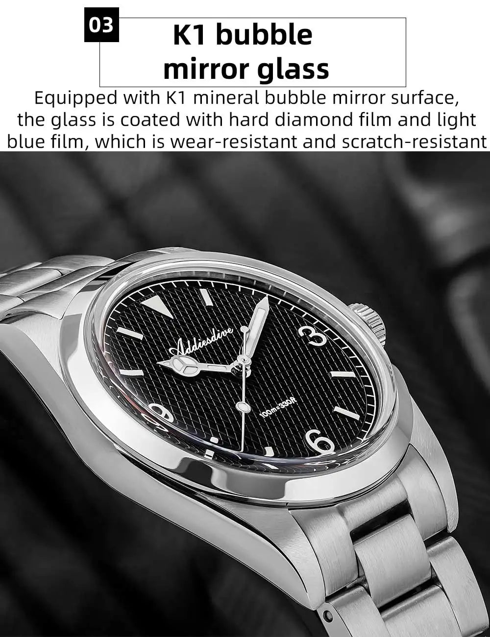 ADDIESDIVE New Men's Analog Watch Bubble Mirror Glass 100m Luminous Men's Quartz Watches with Stainless Steel Bracelet AD2096