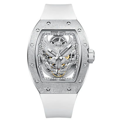 BONEST GATTI Luxury Men Hollow Automatic Mechanical Watches Tonneau Sapphire Crystal Luminous Hollow Eagle Dial Rubber Strapes