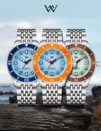 WM Watch Automatic Mechanical Diver Watches Men Sparkle Grain Gradient Dial Ceramic Bezel NH35 AR Coated Welly Merck Watch WM212