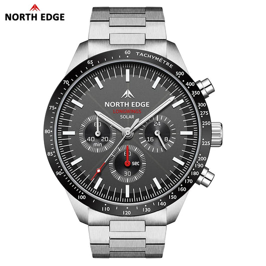 Relógio de Quartzo para Homem NORTH EDGE 2025 LONGWINGS, Alimentação Solar, Cronómetro, Impermeável 50M, Aço Inoxidável 316, Luminoso, Estilo Piloto