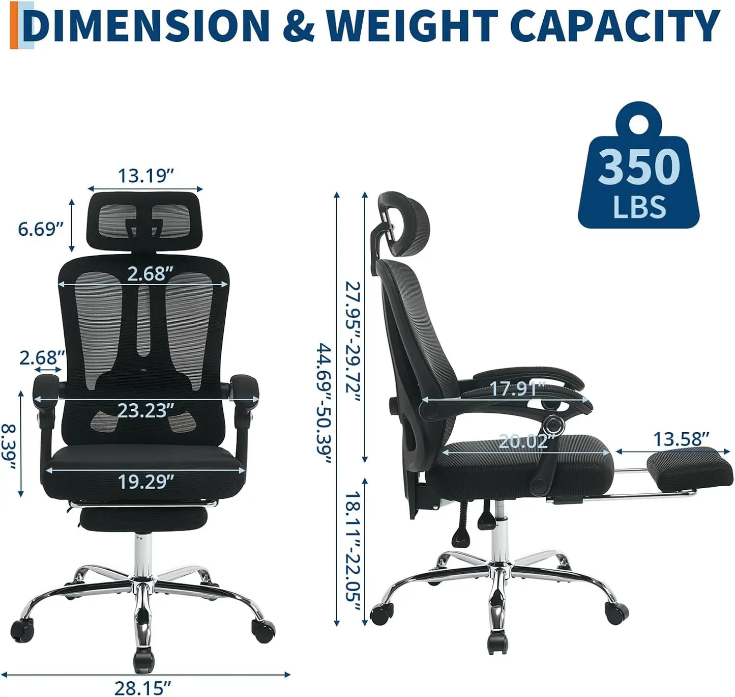 Ergonomic High Back Mesh Gaming Chair with Retractable Footrest, Adjustable Headrest & Lumbar Support, Spacious Comfortable Office Desk Chair with Wheels, Swivel Computer Seating for Home Study & Work, Large Size, Black