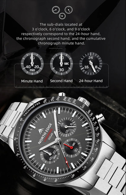 NORTH EDGE 2025 LONGWINGS Men Quartz Watch Solar Powered Stopwatch Waterproof 50M 316 Full Stainless Steel Luminous Pilot Watch