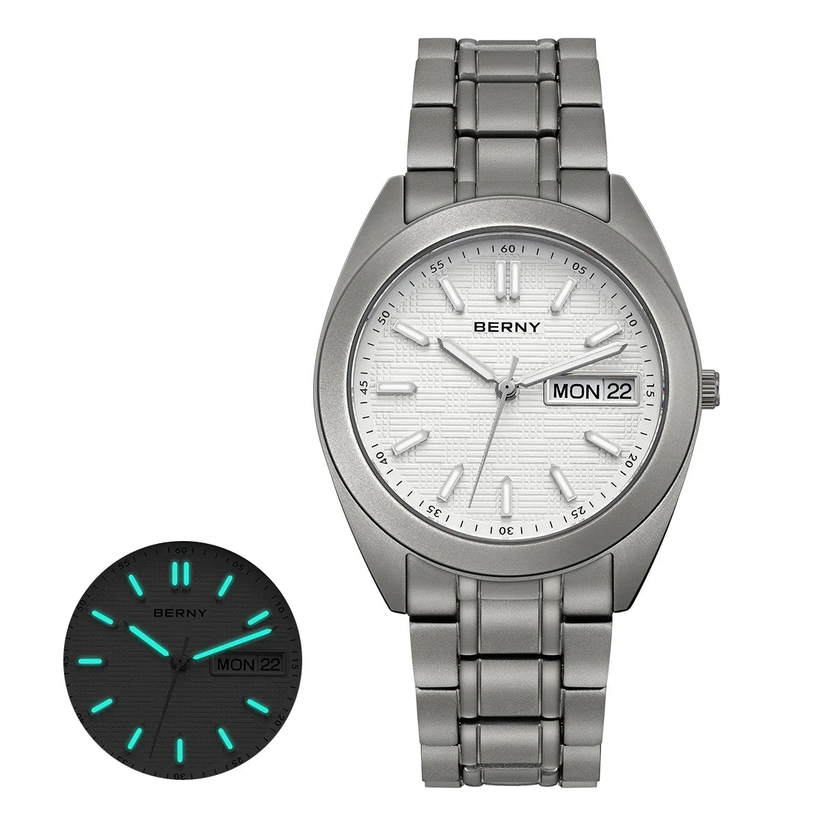 BERNY Full Titanium Men Watch Date Week Quartz Watches Calendar Sapphire Super Luminous 100M Waterproof Lightweight Wristwatch