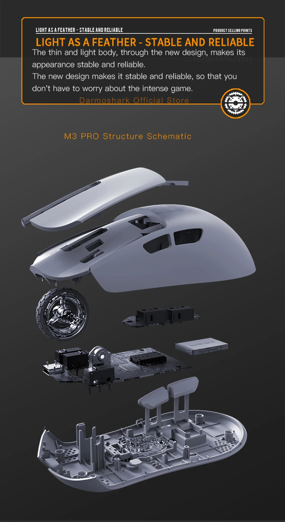 Mouse da gaming Darmoshark M3Pro 2.4G BT wireless tri-mode, sensore PAW3395, N52840, 26000DPI, mouse con driver macro per mani grandi per il gaming