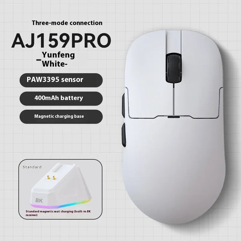 Rato Gaming Sem Fios AJAZZ AJ159 APEX Tri-Mode 8K, Sensor PAW3950 de Baixa Latência, Base de Carregamento, Personalizável, Leve, para PC Gamer
