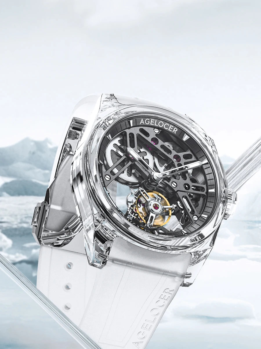 Relógio AGELOCER de edição limitada “Ice Never Melts” com turbilhão de cristal de espiral livre — relógios mecânicos manuais de luxo